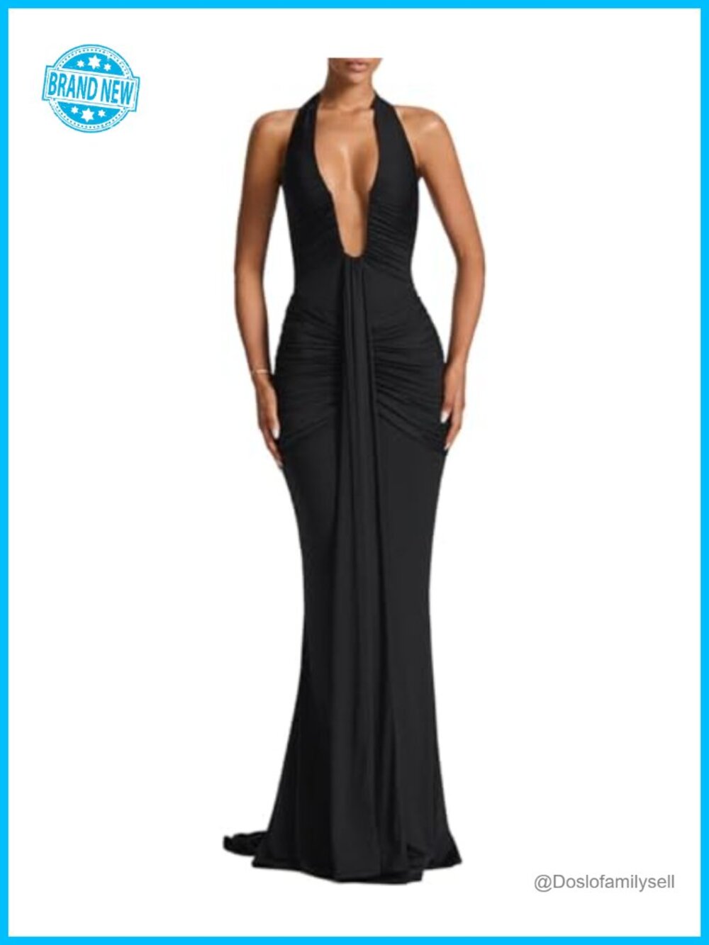 Sexy Deep V-Neck Halter Maxi Dress Sleeveless Ruched Formal Gown
